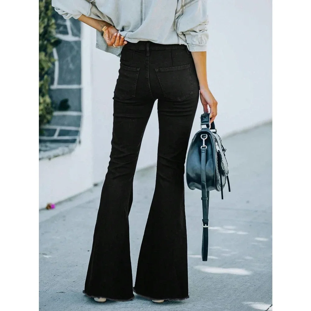 trendy Ripped distressed Raw Hem Flared Jeans black denim - Picture 2 of 5